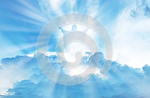 Jesus Christ In The Clouds Of Heaven blue sky background