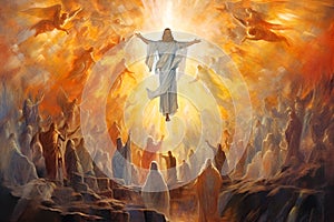 Jesus Christ in clouds of heaven over cross - ascension Christ return. Second coming of Christ. Ascension Day a Public
