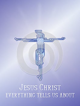 Jesus Christ cross circuit blue diagram background. photo