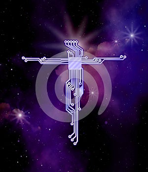 Outer space violet and purple background.The cross of Jesus Christ in the style of circut electrical diagram. photo