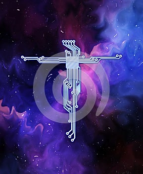 Violet and purple outer space abstract background.The cross of Jesus Christ in the style of circut electrical diagram. photo