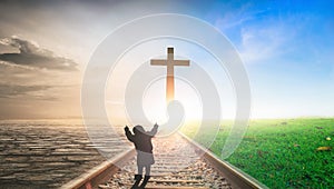 Jesus Christ Cross Concept: Cross on railway sunset background