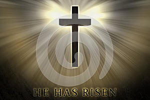Jesus Christ cross elevated, raised up, shrouded by light and glow and He has risen text written on a stone background.