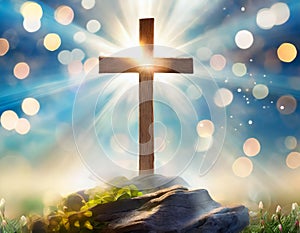 Jesus Christ cross on the hill. Easter holiday concept, Christian background, resurrection