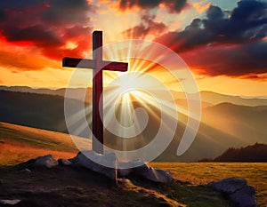 Jesus Christ cross on the hill. Easter holiday concept, Christian background, resurrection