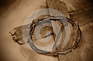 Jesus Christ cross, nail and crown of thorns