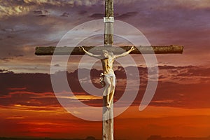 Jesus christ on cross over sunrise he is risen victory in easter day, good friday sunset god religious world christian