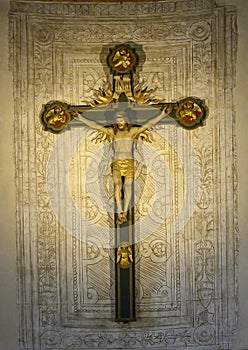 Jesus Christ on the Cross on a wall of the Cloister of Frogs at Santa Maria delle Grazie, Milan, Italy.