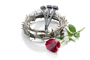 Jesus Christ crown of thorns, nails and a rose.