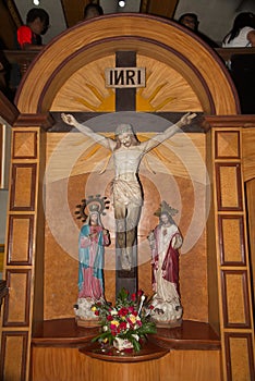 Jesus Christ Crucifixion on Cross Wooden Statues in Monastery of the Holy Eucharist.