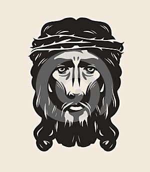 Jesus Christ face. God, religion symbol. Art vector illustration