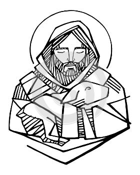 Jesus Christ Good Shepherd ink illustration