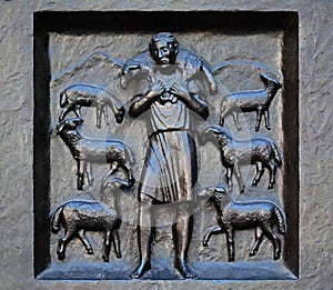 Jesus Christ, the good shepherd, relief on the door of the Grossmunster church in Zurich