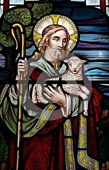 Jesus Christ: The Good Shepherd in stained glass