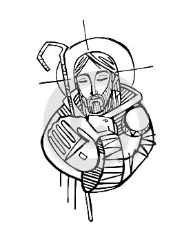 Jesus Christ Good Shepherd vector hand drawn ink illustration