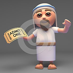 Jesus Christ holding a ticket of admission, 3d illustration