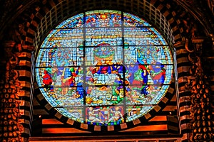 Jesus Christ Last Supper Rose Window Stained Glass Cathedral Church Siena Italy.