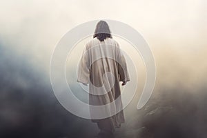 jesus christ with long hair and long white robe. follow me and i will make you fishers of men.