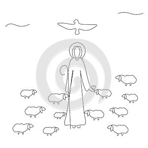 Jesus Christ love heart line drawing on white background, vector illustration