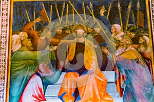 Jesus Christ Mocked Medieval Fresco Church San Gimignano Tuscany photo