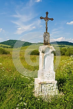 Jesus Christ on old wayside cross in meadow.