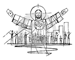 Jesus Christ with open arms and and people illustration