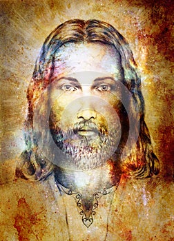 Jesus Christ painting with radiant colorful energy of light, eye contact.