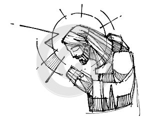 Jesus Christ praying ink illustration