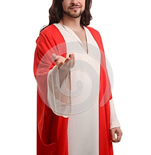 Jesus Christ reaching out his hand on white background, closeup