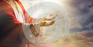 Jesus Christ reaching out his hands and praying at sunset, banner design