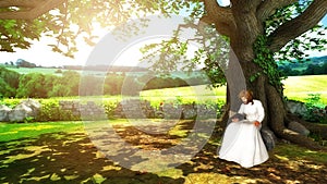 Jesus Christ Reading Bible Under A Tree Illustration