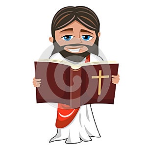 Jesus christ reading holy bible book cartoon isolated on white