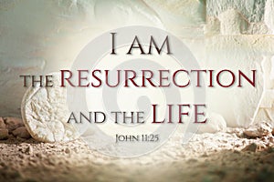 Jesus Christ resurrection. Christian Easter concept. Empty tomb of Jesus with light. Born to Die, Born to Rise. He is