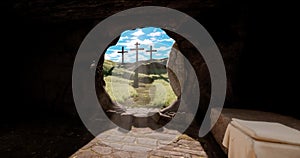 Jesus Christ resurrection and three crosses on the hill from inside the grave