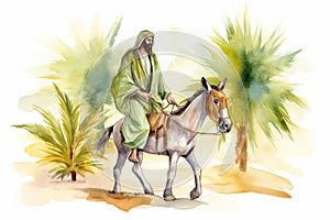 jesus christ ride on donkey painting with white background generative AI