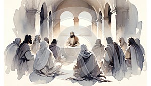 Jesus Christ's Last Discourse and Prayer. Passion Thursday. Watercolor Biblical Illustration