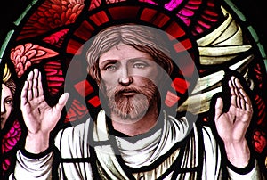 Jesus Christ showing stigmata (stained glass)