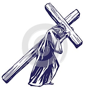 Jesus Christ, Son of God carries the cross before the crucifixion, symbol of Christianity hand drawn vector illustration