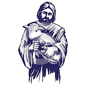 Jesus Christ, Son of God, holding a lamb in his hands, symbol of Christianity hand drawn vector illustration