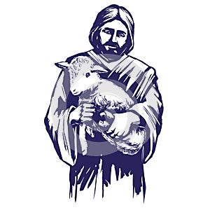 Jesus Christ, Son of God, holding a lamb in his hands, symbol of Christianity hand drawn vector illustration photo