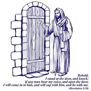 Jesus Christ, Son of God knocking at the door, symbol of Christianity hand drawn vector illustration sketch.