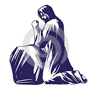 Jesus Christ, the Son of God praying in the garden of Gethsemane, symbol of Christianity vector illustration sketch photo