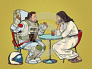 Jesus Christ is talking to a male astronaut. Christianity and religion, preaching