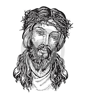 Jesus Christ with thorny wreath on his head. Sketch illustration