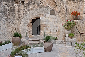 The Jesus Christ tomb in the Tomb Garden. Entrance to the Garden Tomb in Jerusalem, Israel