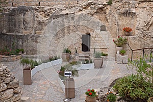 The Jesus Christ tomb in the Tomb Garden. Entrance to the Garden Tomb in Jerusalem, Israel.