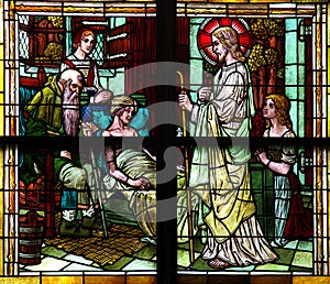 Jesus Christ visiting a sick person (stained glass)