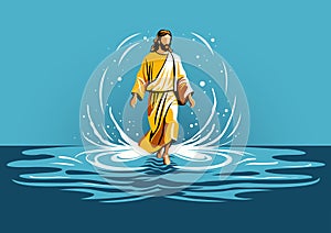 Jesus Christ walking on the water on blue background