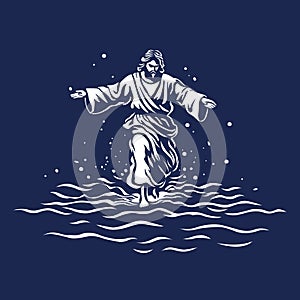 Jesus Christ walking on the water on dark blue background