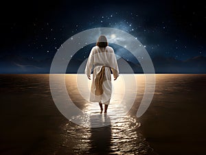 Jesus Christ walking on water at fantastic night